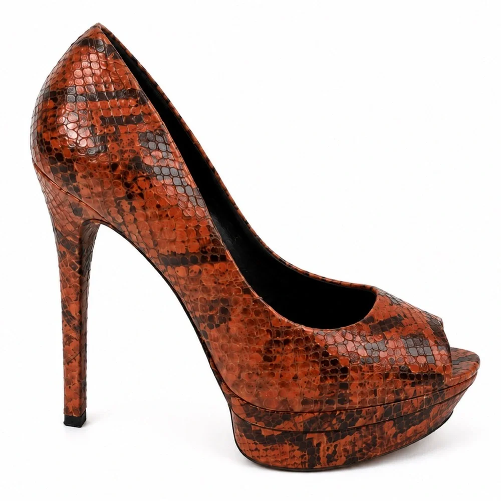Brian Atwood Orange Snake-Print Peep-Toe Pumps